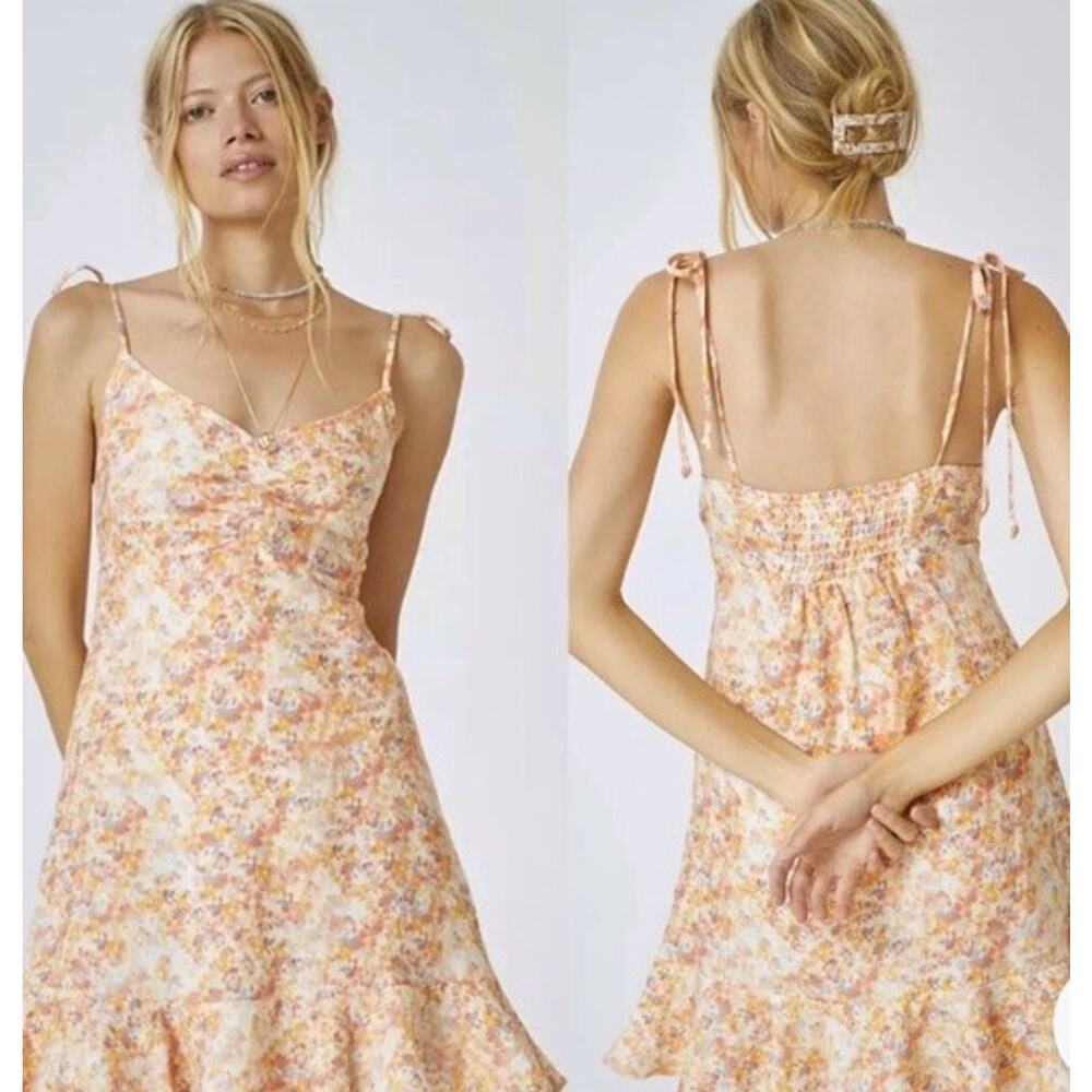 Anthropologie Cloth & Stone Size XS 100% Linen Smocked Mini Sun Dress Floral